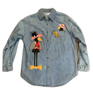 Vintage 90s Justin Allen Blue Crow Sunflower Appliqué Novelty Denim Shirt Size M